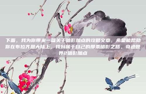 下面,我为你带来一篇关于暗影加点的攻略文章,希望能帮助你在布拉齐恩大陆上,找到属于自己的那条暗影之路。奇迹世界2暗影加点